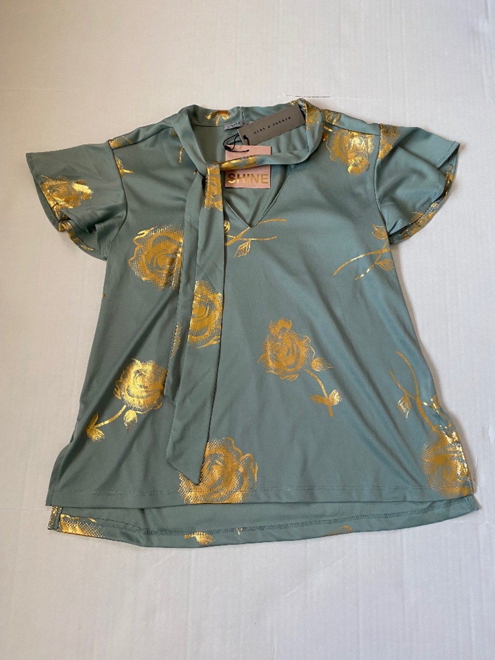 NWT Alex & Parker Sage Green Gold Rose Tie-Neck Blouse Size S